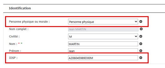 Image des contacts dans G&eacute;n&eacute;ration Experts avec les zones Personne physique ou morale et IDSP d'encadr&eacute;es.