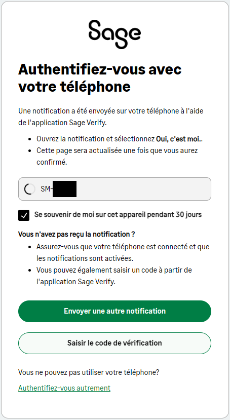 Fenêtre de connexion qui invite à se connecter avec l'application Sage Verify.
