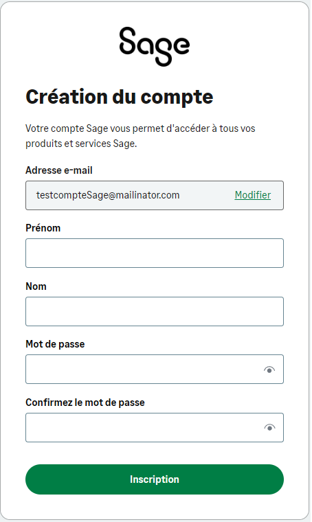 Fenêtre de création du compte Sage. Il est attendu de saisir prénom, nom et mot de passe.
