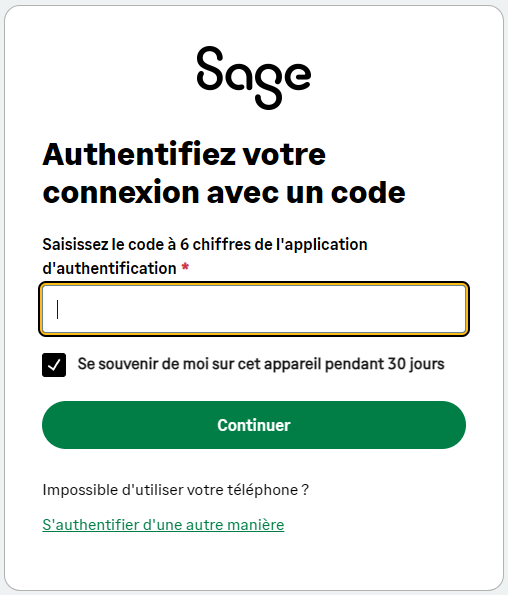 Fenêtre de connexion. Il est demandé de renseigner le code présent sur l'application d'authentification.