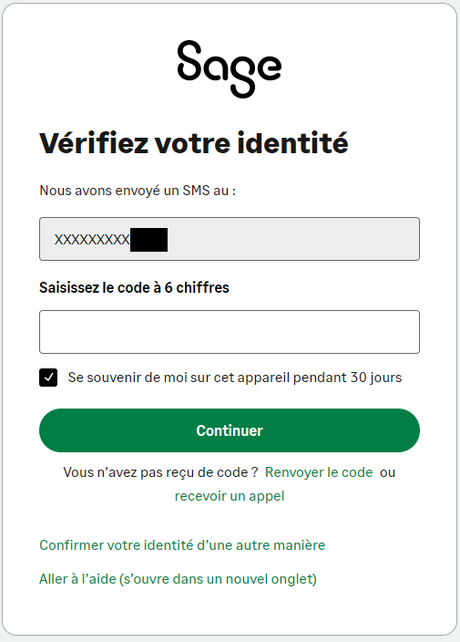 Fenêtre de connexion. Il est demandé de renseigner le code reçu par message.