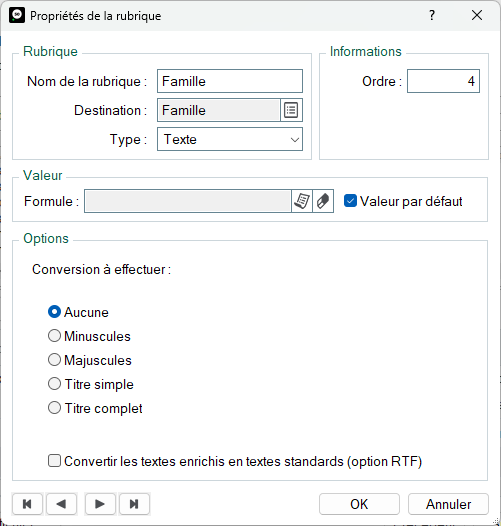 Propriétés de la rubrique